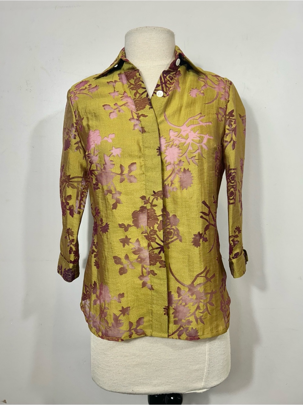 Miah Y. Chartreuse & Plum Sheer Floral Button Down Shirt Size S